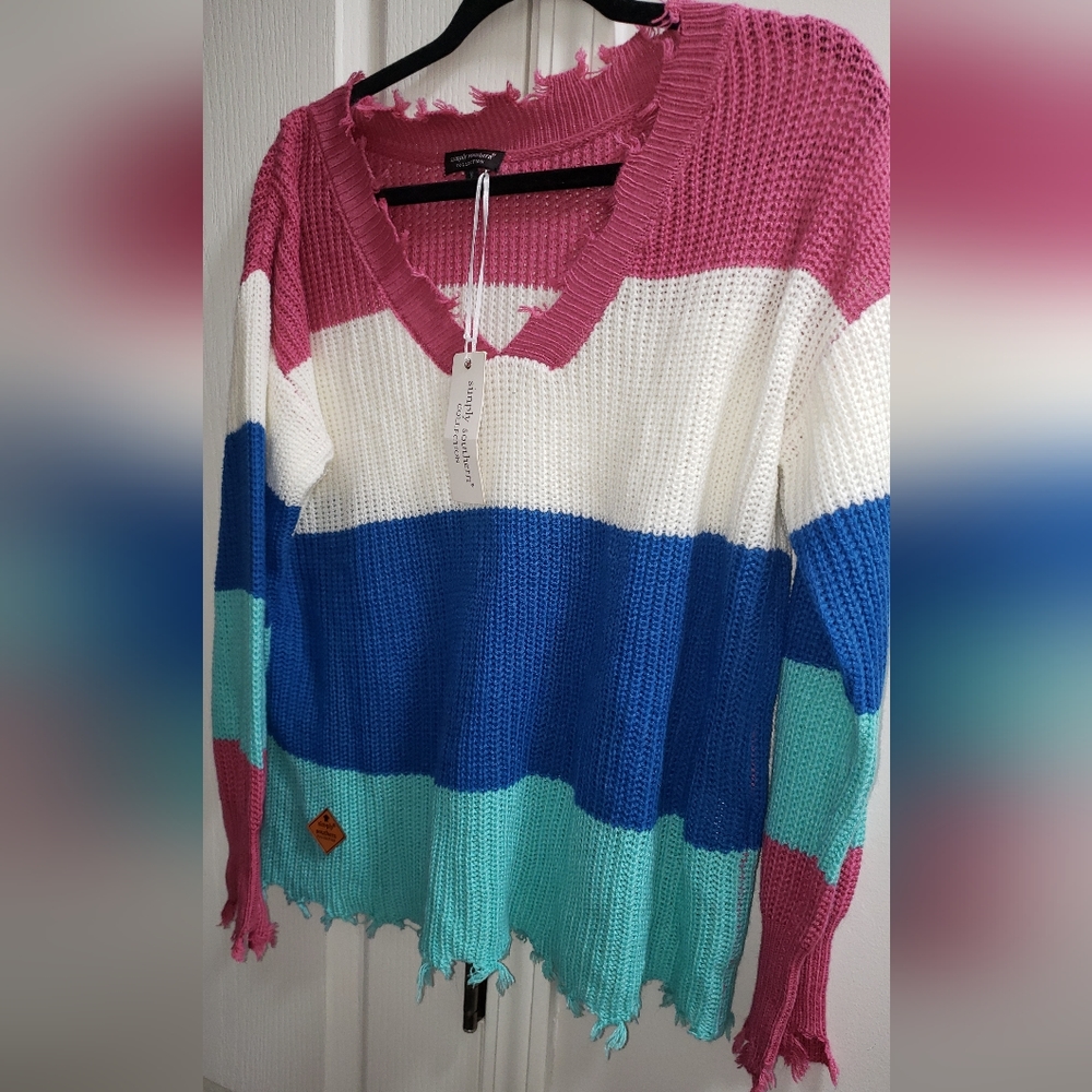 Simply Southern Collection Pink/Blue Color blocked Distressed Sweater Size M